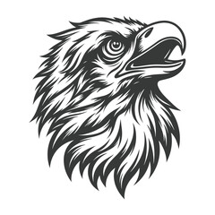 Monochrome illustration of an eagle head with fierce expression, open beak, sharp details, black and white vector art, the wildlife symbol  
