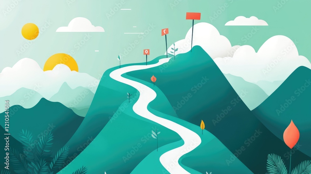 Poster a visual representation of a goal-setting journey with a path marked by milestones and checkpoints, 