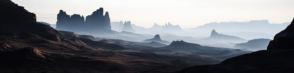 Panoramic View of Desert Rock Formations in Haze