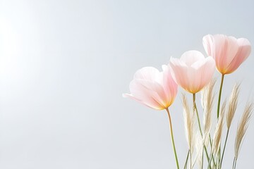 Delicate pink tulips paired with soft beige grasses against a light, airy background, creating a serene and elegant floral composition with natural beauty