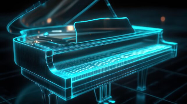 Futuristic glowing blue grand piano, digital art. (1) - Powered by Adobe