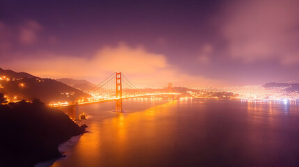 Golden Gate Bridge night view, San Francisco, California, USA. City lights and fog, travel photography
