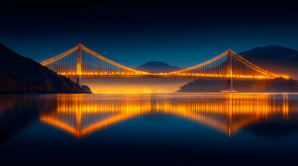 Obraz premium Golden Gate Bridge at night, city lights reflecting on calm water. Travel, landscape photography