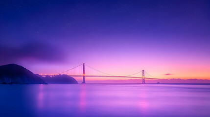 Obraz premium Golden Gate Bridge sunrise, coastal city, tranquil waters, purple sky, travel poster