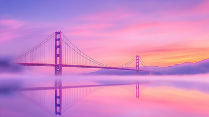Fototapeta premium Golden Gate Bridge sunrise reflection, foggy bay, peaceful morning, travel postcard