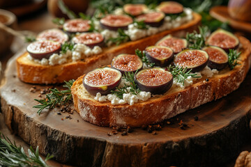 Rye bread toast with figs and ricotta cheese on a wooden board. Food recipe background. Close up.	
