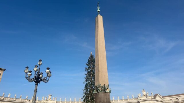 Rome, Italy - 01082025 - The Vatican obelisk is devoid of any Egyptian hieroglyphics, but has on two of its faces a dedication to the Roman emperors Augustus and Tiberius, made by Caligula