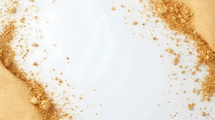 Golden shimmer powder frame, white background, cosmetic texture, beauty product backdrop