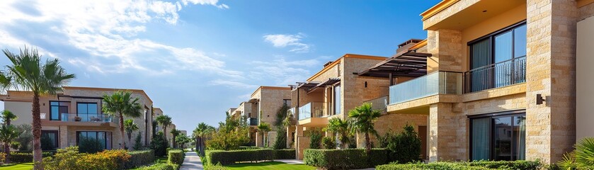 Set in a stunning location, this luxury villa showcases natural stone architecture, large glass windows, and beautifully manicured gardens featuring palm trees, inviting tranquility and elegance