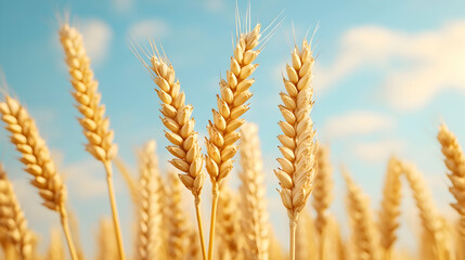 Golden wheat stalks sway gently in a sunny field under a bright blue sky; perfect for agricultural or food packaging