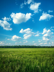Fototapeta premium Expansive Green Field Under Vibrant Blue Sky with Fluffy White Clouds Landscape : Generative AI
