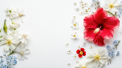 Fototapeta premium White background with red hibiscus and various small flowers arranged decoratively.