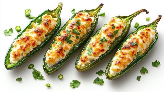 Deliciously baked jalapeÃ±os stuffed with creamy cheese and herbs, garnished with fresh parsley, Perfect for food blogs, recipe books, or promoting appetizers at restaurants,