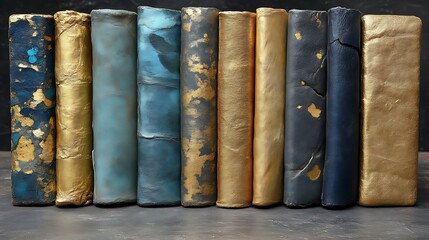 Fototapeta premium A Row Of Gold And Blue Antique Books