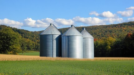 Metal Grain Silos Standing Tall in a Scenic Rural Landscape Amidst Lush Crop Fields
