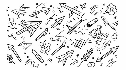 Hand-drawn arrowhead collection; prehistoric hunting tools; background doodles; educational resource