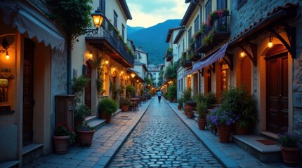 Cobblestone Street in Historic Village with Tourist