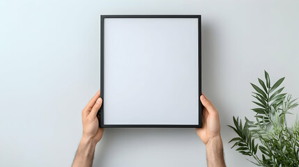 Hands holding blank picture frame, white background, plant. Mockup for design, art, or photography