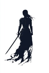 Silhouette of a Guardian Knight. Female Warrior in Armor with Two-Handed Sword