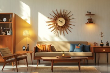 A mid-century modern living room with clean-lined furniture, wooden accents, and a sunburst wall clock