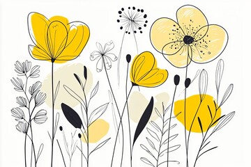 Naklejka premium A minimalist floral illustration featuring abstract yellow accents and delicate black lines the design combines elegance and simplicity.
