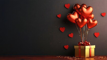 Golden gift box on the table with heart shaped balloons on a simple dark background, empty space.