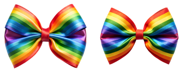 set of bright satin rainbow bow with ribbon, soft focus isolated on the transparent background