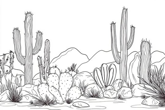 Continuous Line Drawing of Set of Cute Cactus Black and White Sketch House Plants on White Background.