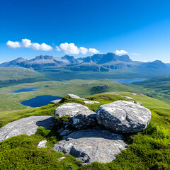 Highland panorama serene mountain lake view from rocky outcrop. Ideal for travel brochures or nature documentaries