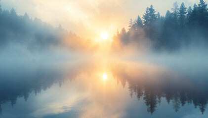 Naklejka premium sun shining brightly over the calm lake, shrouded in mist, reflecting trees on the lake 