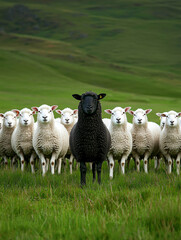 Fototapeta premium A single black sheep standing confidently among a group of white sheep in a green pasture, symbolizing individuality and boldness in growth 