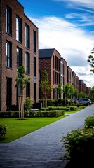 Obraz premium Modern residential buildings lined along a landscaped walkway with vibrant greenery during a cloudy day