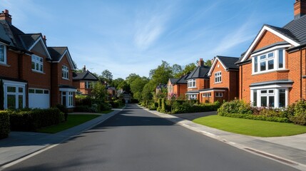 Naklejka premium A picturesque view of a tranquil suburban neighborhood features lovely homes bathed in warm, bright daylight, creating a serene atmosphere