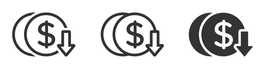 Dollar rate decrease icon. Cost rise vector illustration. Dollar cost decrease icon