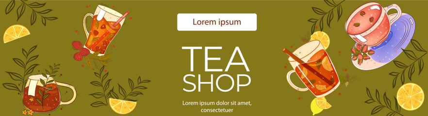 Poster with herbal tea cup. For poster, card, banner, discount, special offer. Vector illustration EPS10 
