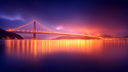 Fototapeta premium Illuminated suspension bridge at twilight, reflecting on calm water, cityscape in background; travel photography