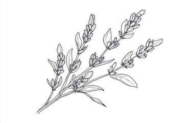 Lavender flower line art drawing. Hand drawn black ink sketch. Modern design for tattoo, wedding invitation, logo, cards.
