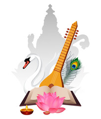 Vasant Panchami, saraswati puja Poster, Indian classical music instruments and symbols