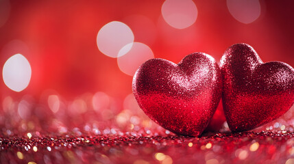 Pair of Glittering Valentine Hearts on Sparkling Red Background for Romance : Generative AI