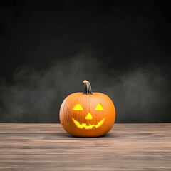 Lit Jack-o'-lantern on wood floor, smoky Halloween background, festive decoration