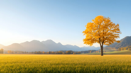 Lone golden autumn tree in field, mountains background, peaceful sunrise scene, perfect for nature or travel websites