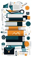  Flowchart-like progression from books to briefcases, starting with textbook stacks, passing through gears symbolizing hard work, and ending with a handshake in a corporate setting.