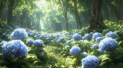 Sunbeams illuminate a path through a lush forest filled with vibrant blue hydrangeas.