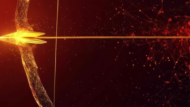 Digital hand draws bow and fires glowing arrow in futuristic animation