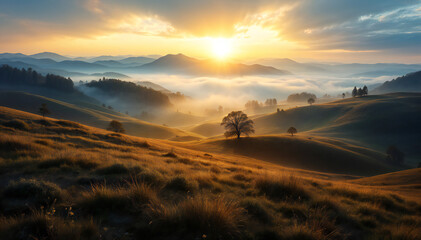 a breathtaking landscape capturing a sunrise over rolling hills with a touch of morning fog, casting a warm and inviting glow. The scene features trees.