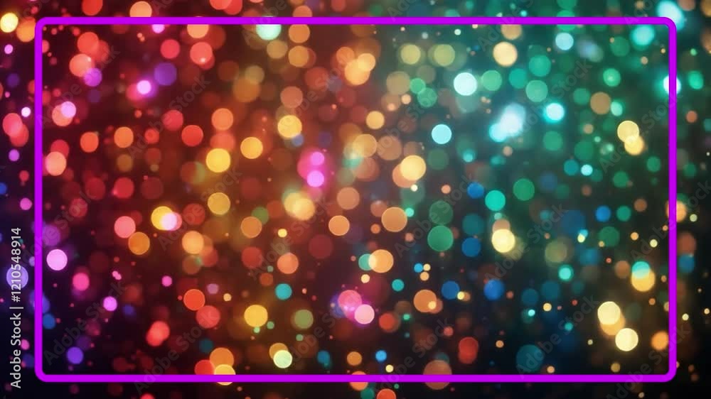 Poster glowing neon purple rectangular frameon blurred  multicolored bokeh lights creating a vibrant, dreamy effect on a dark backdrop