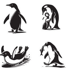 Penguin Silhouettes: Standing Penguin, Sliding Penguin, Walking Penguin, Huddling Penguin, Black-and-White Minimalist Wildlife Designs, Vector Art for Nature and Art Enthusiasts