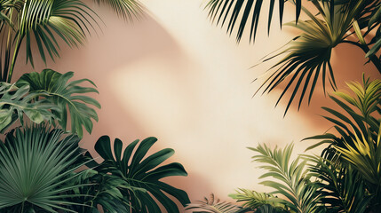Tropical Foliage Border with Green Monstera and Palm Leaves on Soft Beige Wall - Minimalist Nature Background for Summer Designs
