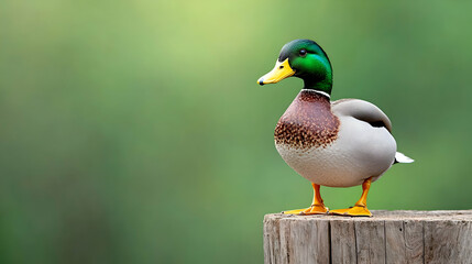 Obraz premium Male mallard duck perched on a wooden post, tranquil green background, nature wildlife scene, ideal for nature documentaries or wildlife websites