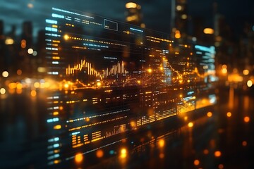 Futuristic city data visualization on a transparent screen.